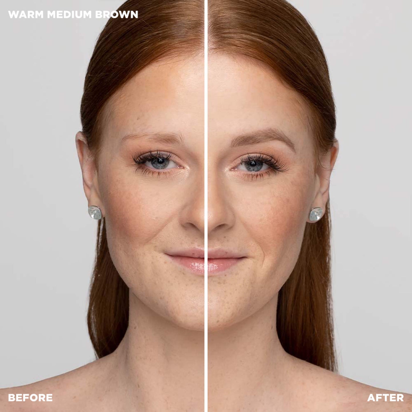 Before and after shot of model wearing Color-Warm Medium Brown -Medium Brown