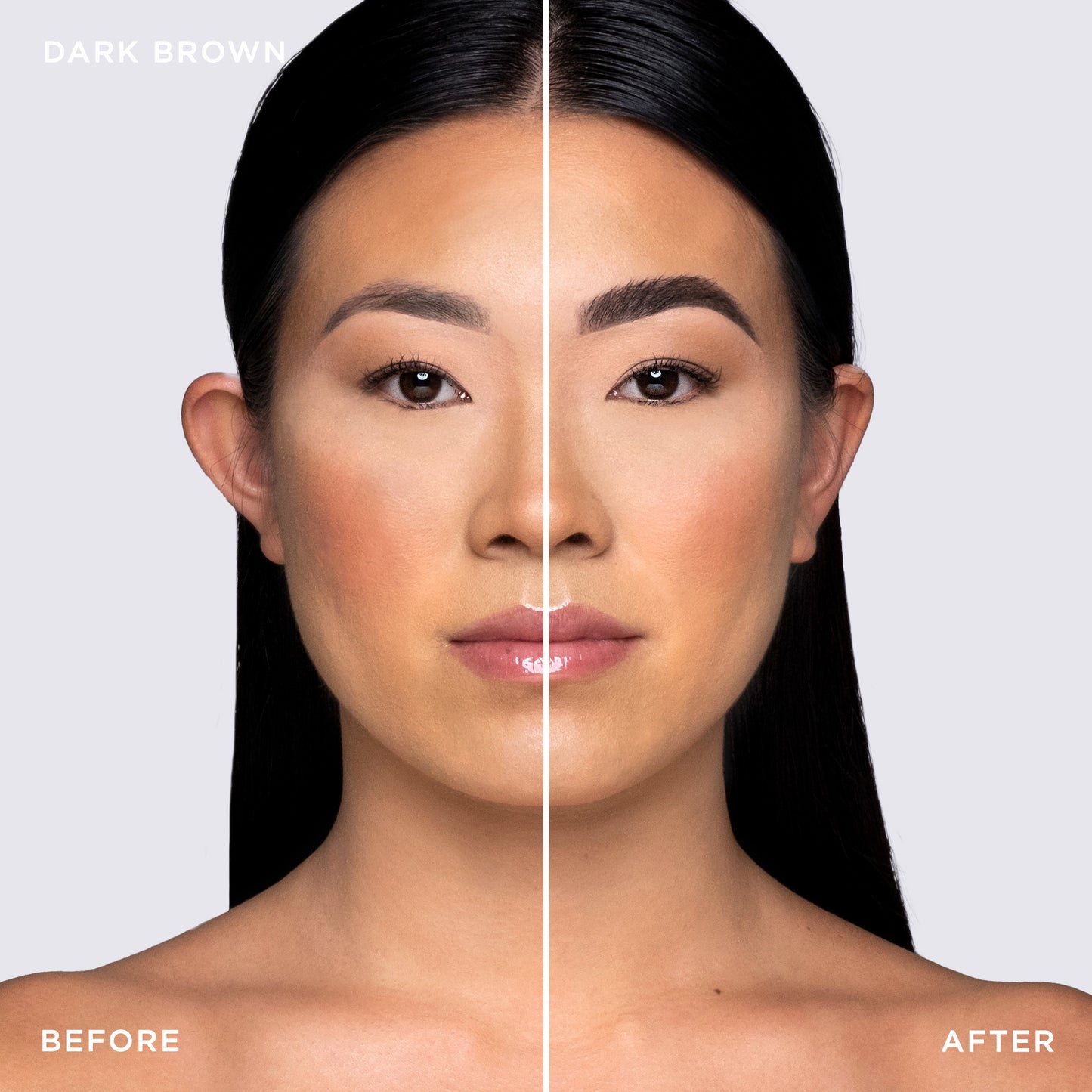 Before and after shot of model wearing Tinted Multi-Peptide Brow Gel - Color-Dark Brown
