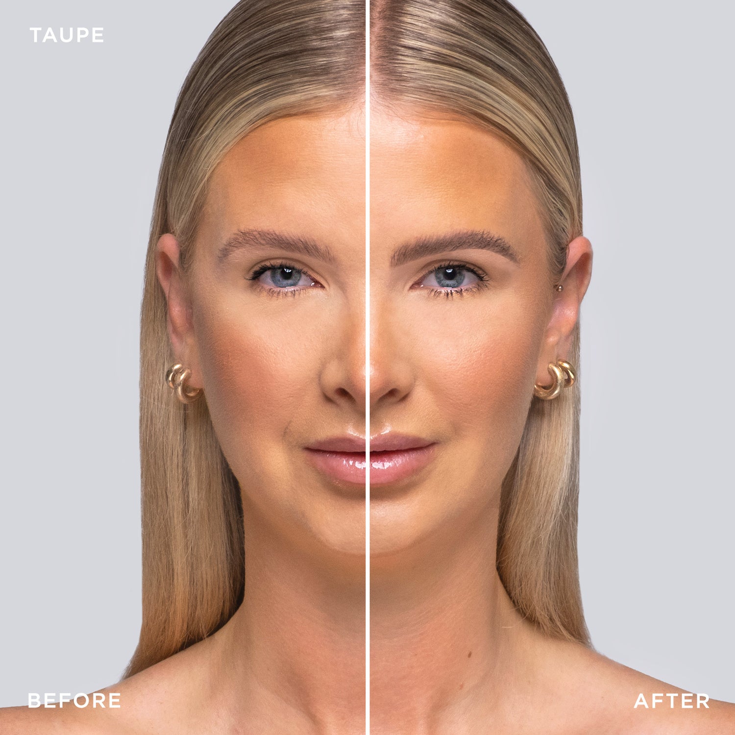Before and after shot of model wearing Tinted Multi-Peptide Brow Gel - Color-Taupe