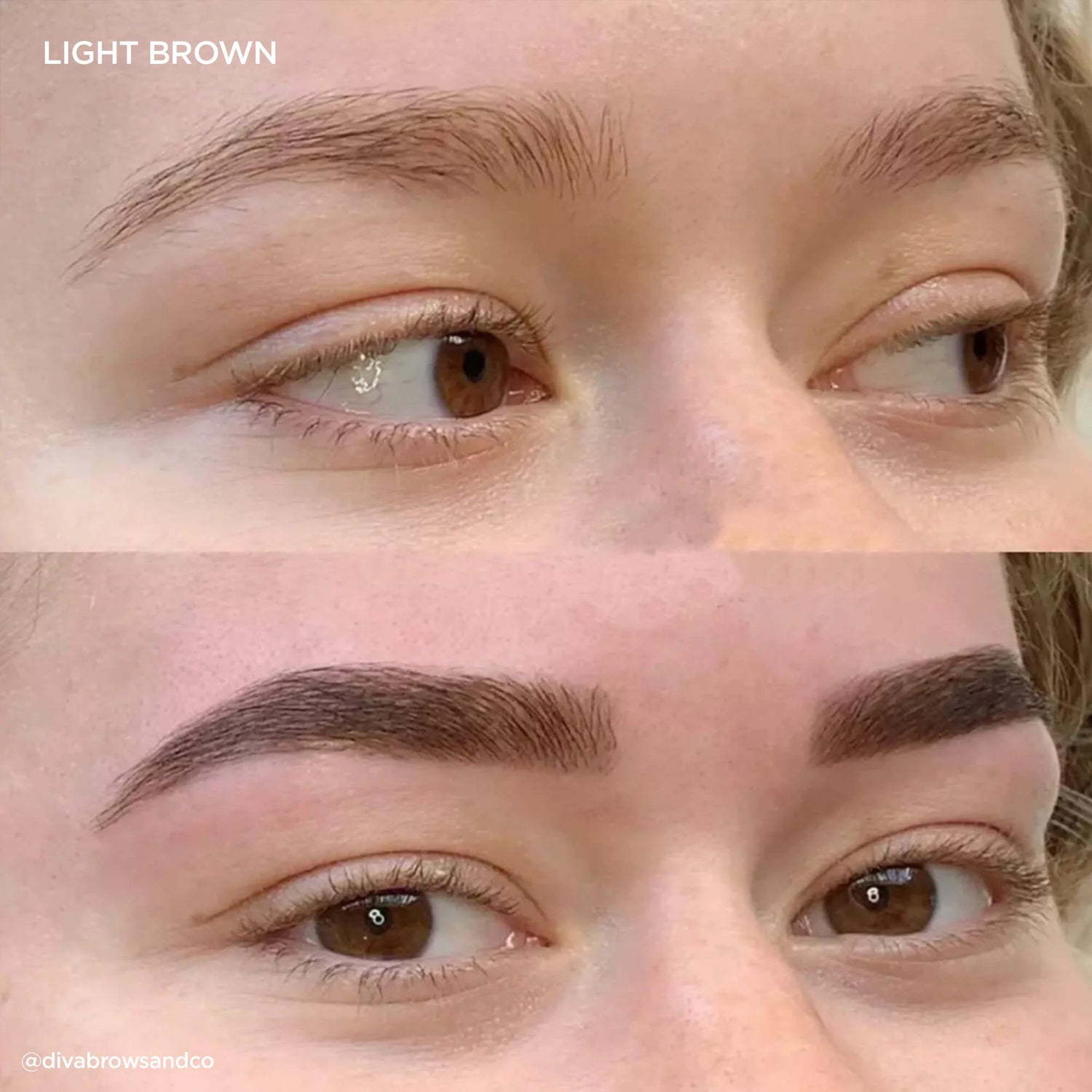 Before and after of model wearing color-light-brown