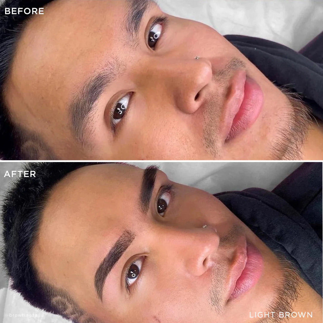 Before and after of model wearing color-light-brown