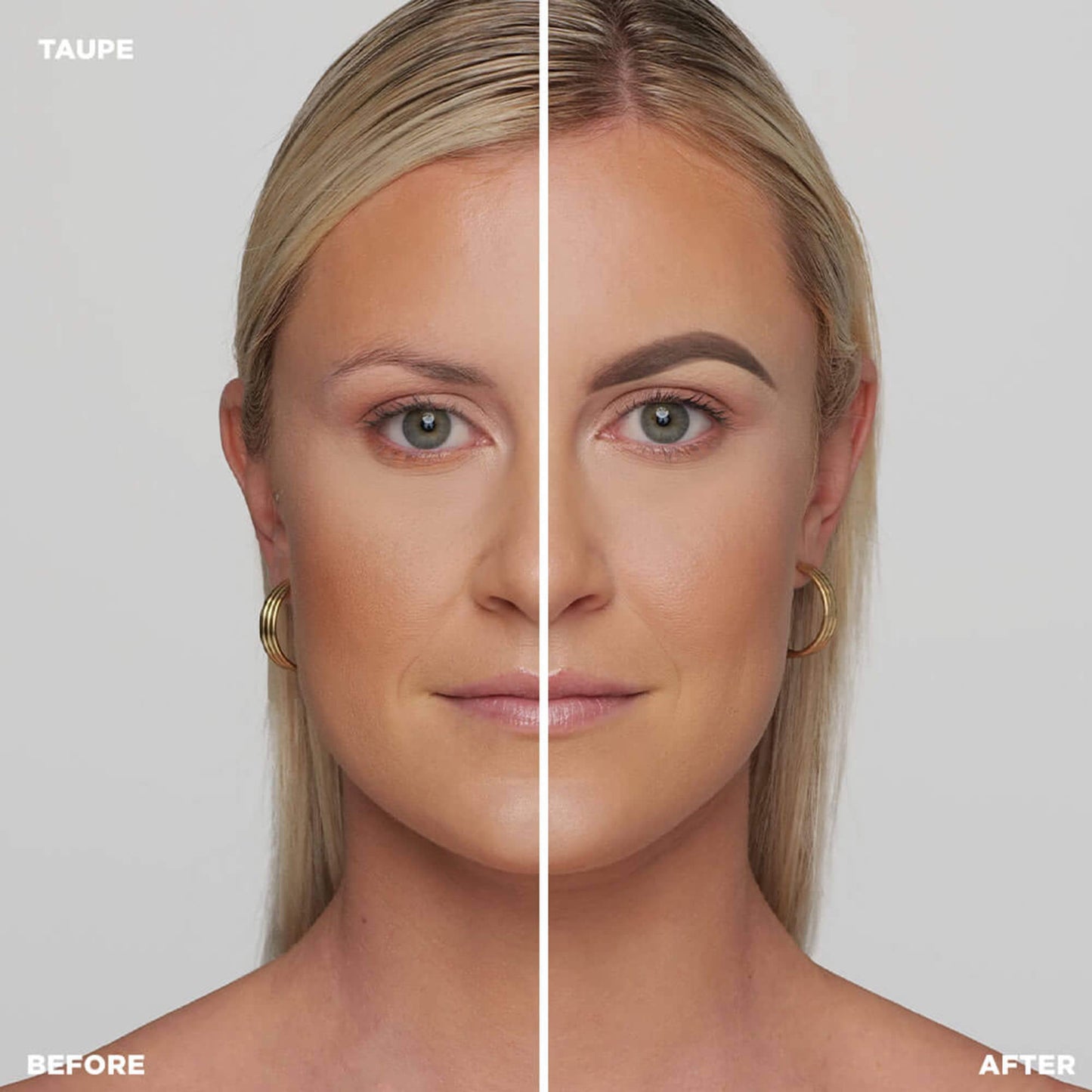 Before and after shot of model wearing Color-Taupe