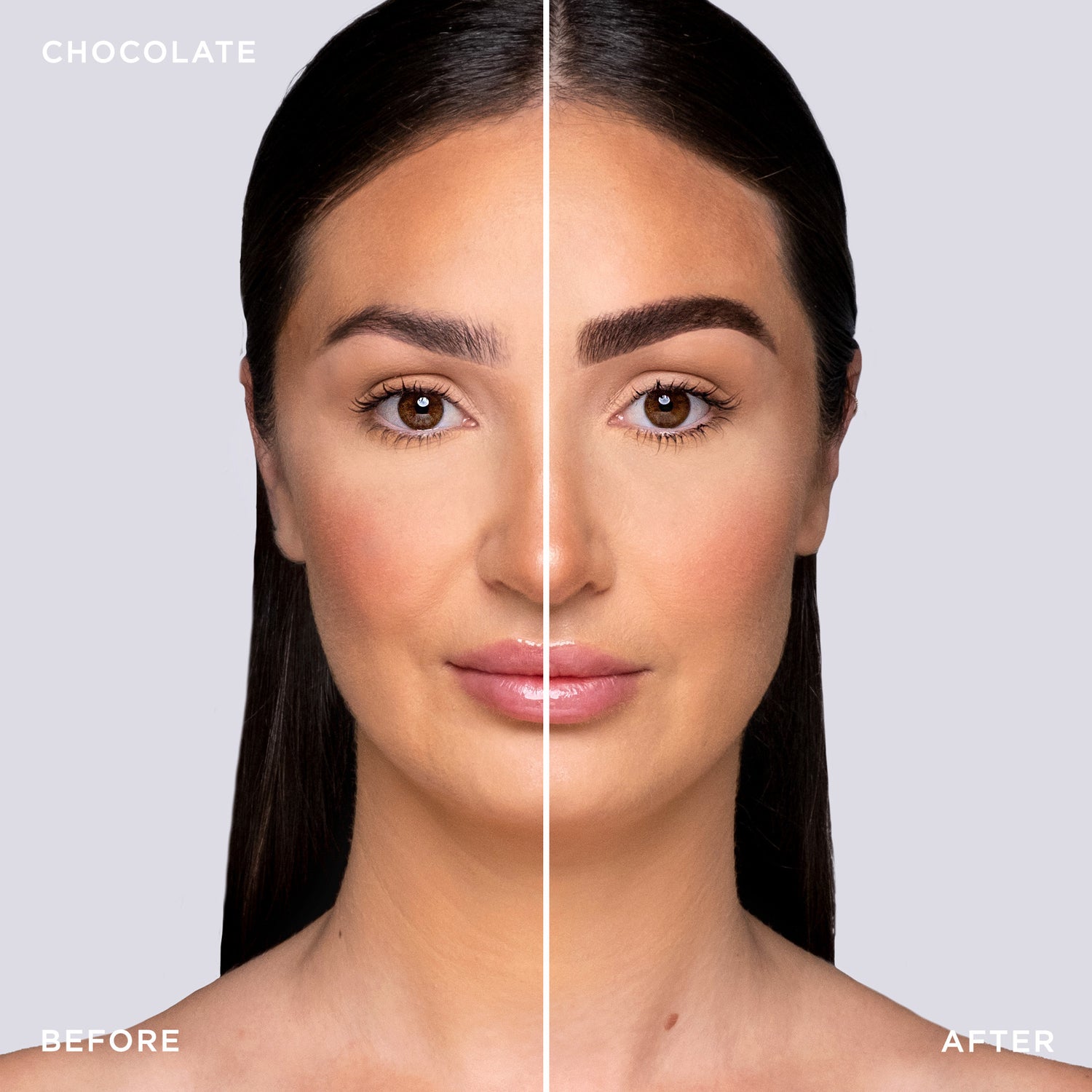 Before and after shot of model wearing Tinted Multi-Peptide Brow Gel - color-chocolate